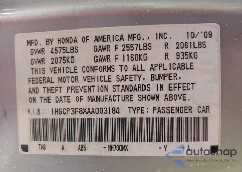 2010 Honda Accord 3.5 Ex-L from USA, damaged, VIN 1HGCP3F8XAA003184